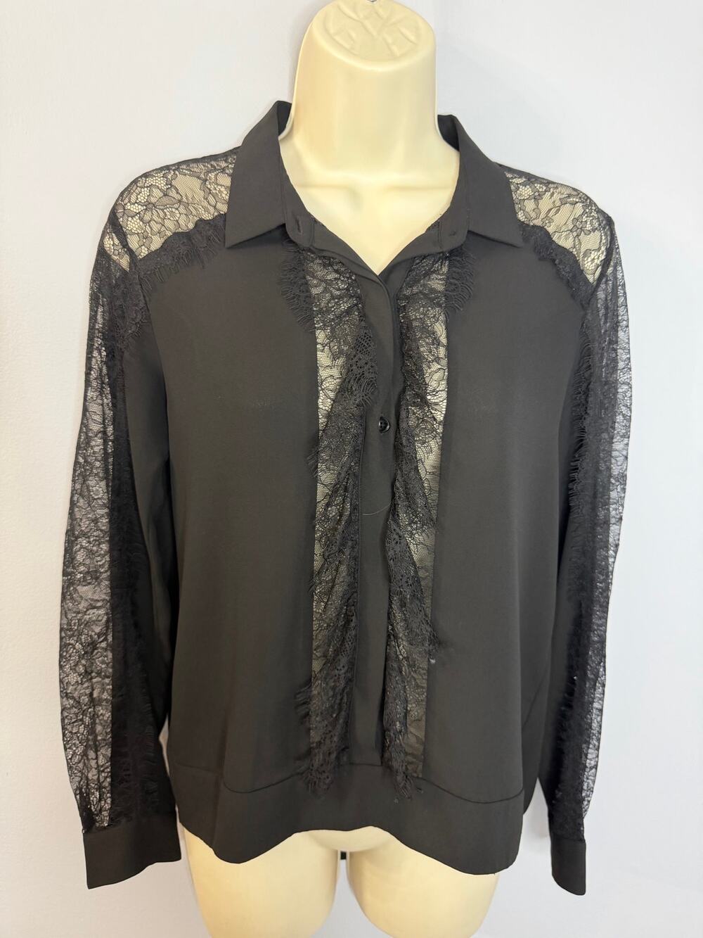 The Kooples Lace Black Button Down Blouse Dark Romantic Relax Women's S